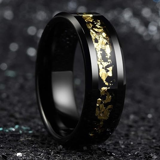 King Will Nature Mens 8mm Black Silver Tungsten Carbide Wedding Ring with Black and Gold Foils Inlay Beveled Edge